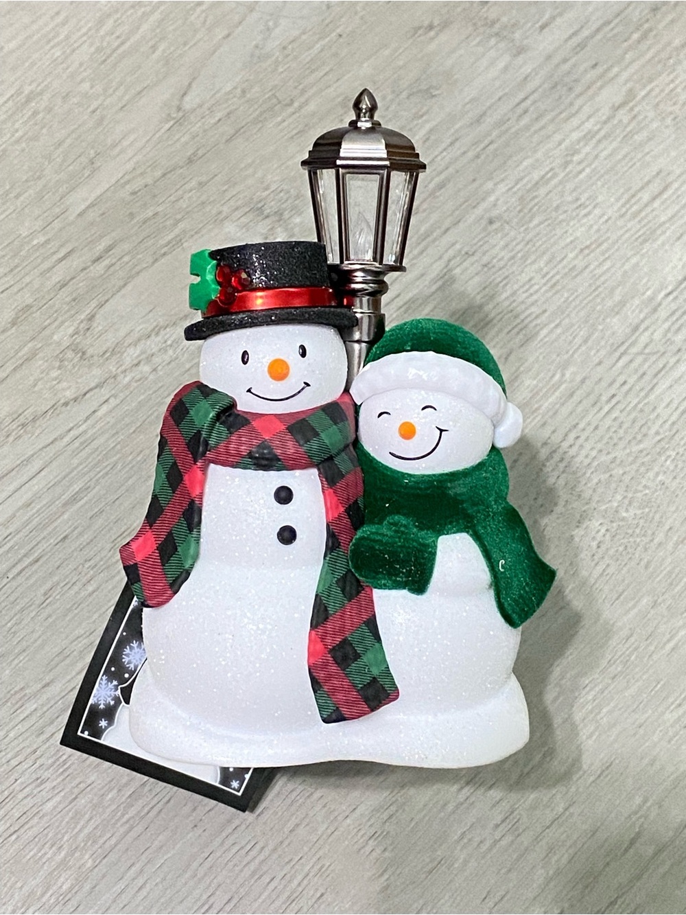 White Barn Red and Green Snowman Couple Ornament with Lamp Post